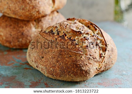 Homemade Freshly Baked Country Bread  made from wheat and whole grain flour on gray background. 