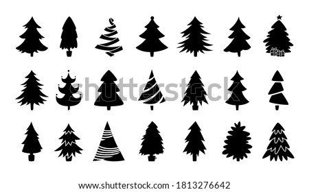 Christmas tree black silhouette collection. Hand drawing monochrome xmas trees cartoon set. New Year traditional design ornaments, stars, garlands. Stylized symbol for holiday flat vector illustration