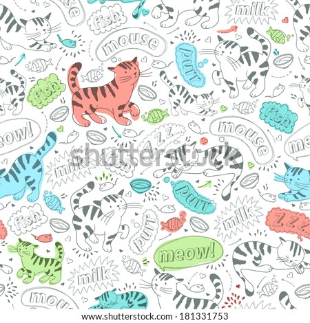 Vector seamless background with cats. Cartoon repeating pattern with kittens, their attributes and clouds of words.
