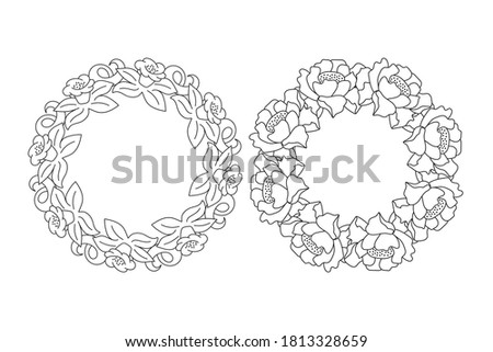 Doodle elegance border set icon isolated on white. Outline flower and leaf frame for wedding design, card. Floral hand dwawing art line. Sketch vector stock illustration. EPS 10