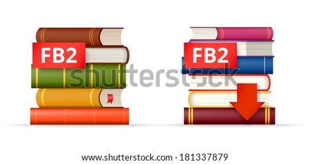 FB2 file format icons, stack of books and download button, vector illustration