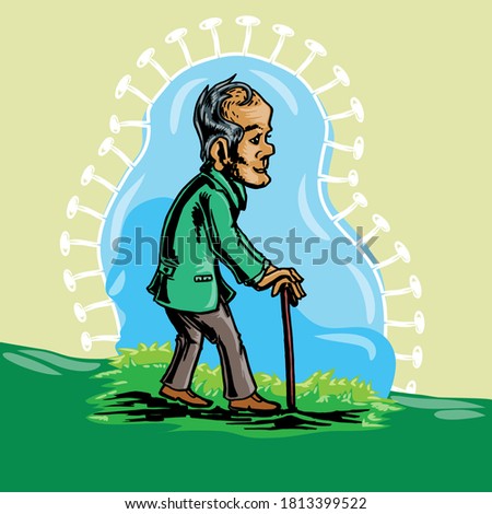 Old man walking on meadow with virus symbol wrap around