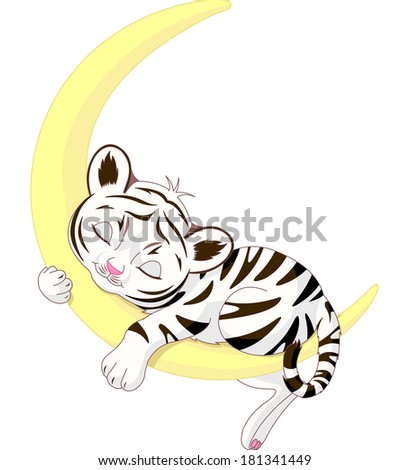  A cute character of  white tiger cub sleeping on the moon. Raster version.  