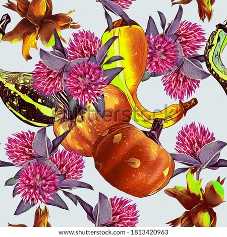 Autumn plants seamless pattern.
Clover, pumpkins and nuts, floral watercolor illustration.