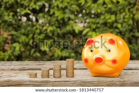 Piggy bank with coin on old wooden table. Saving money for future investment concept.