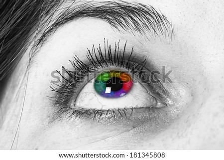 Multicolored eye macro - black and white photo of an eye