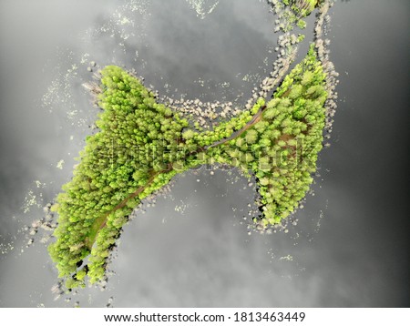 Aerial view top down island in the lake river like HYUNDAI logo. Green forest summer strange shape Royalty-Free Stock Photo #1813463449