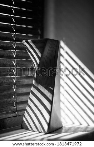 Monochrome Venetian blind with vases on window sill back light by the sun

