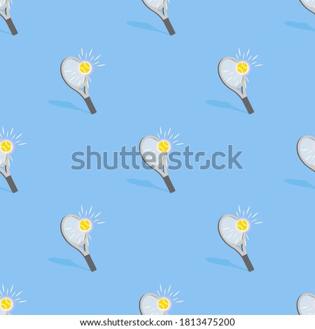 Seamless pattern with clipping mask. Tennis racket with a ball in the rays and with a shadow in a staggered on a blue background. EPS10
