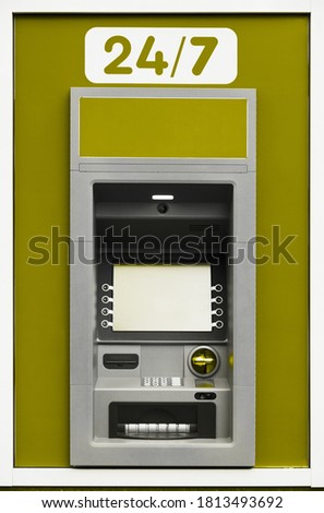 ATM machine, photo of one object in detail as a background, green color