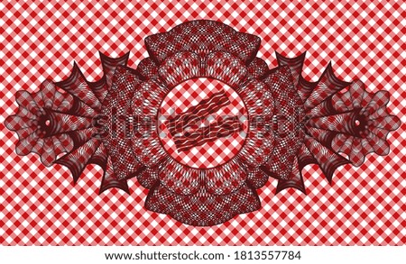 Guilloche decoration bacon icon inside red checkered tablecloth realistic emblem. Restaurant fashionable background. Vector illustration. 