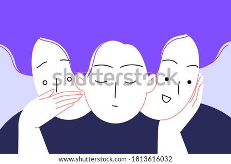 Flat illustration of a woman with bipolar disorder or borderline personality disorder. Three faces: anxios, neutral and joyful. Emotional dualism Royalty-Free Stock Photo #1813616032