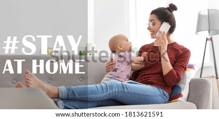 Hashtag Stay At Home - protective measure during coronavirus pandemic, banner design. Young mother with her baby in room Royalty-Free Stock Photo #1813621591