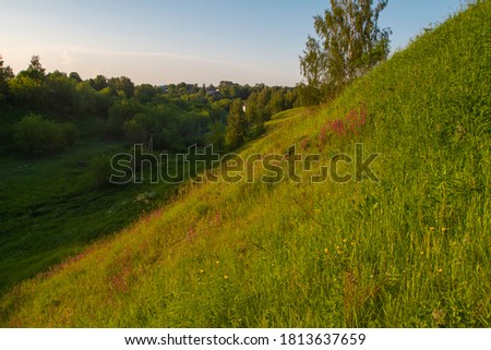 green grass on the slopes of the ravine