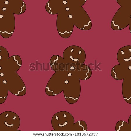 cute christmas gingerbread cookies with man-shaped icing on burgundy background, cute picture for new year and christmas, vector seamless pattern in doodle style