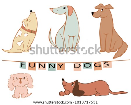 funny set of dogs of different breeds color drawing, hand drawing of cliparts isolated on a white background
