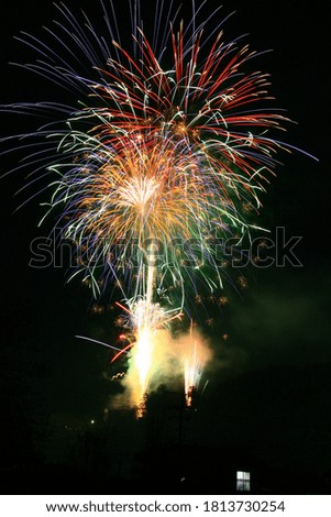 Colorful fireworks on a black sky background, free space for text. Celebration and commemorative concept.