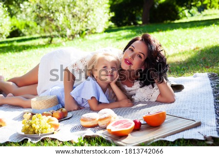 young pretty pregnant brunette woman having fun with her daughter on picnic on green grass in park, lifestyle people concept