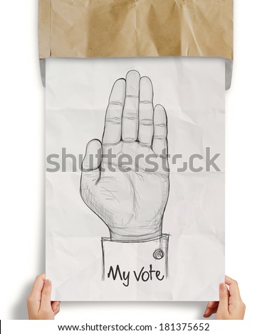 businessman show crumpled paper of  Hand raised with MY VOTE text as concept