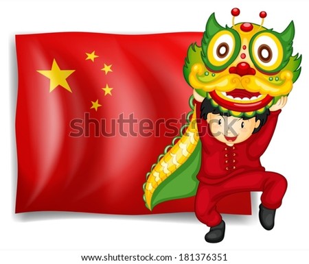 Illustration of a boy doing the dragon dance in front of the flag of China on a white background