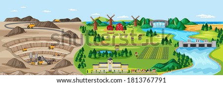 Landscape of coal mine and agriculture land illustration