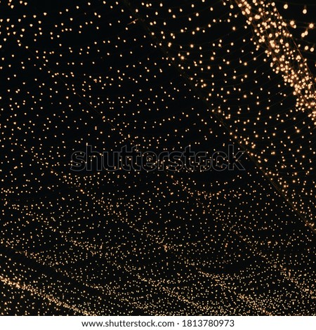 Many lightbulbs hanging on cable as garland decorative isolated on dark night sky background
