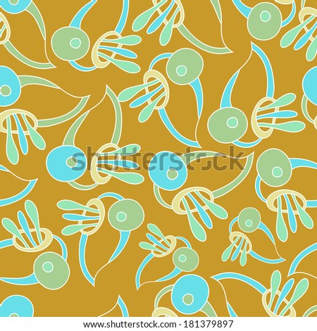 Spring  warm shades.Fantastic birds continuous seamless vector pattern.Floral background with birds.Seamless pattern can be used for web page backgrounds, wallpapers.  