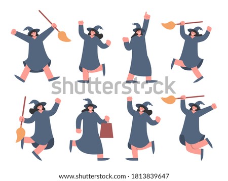Witch character cartoon collection with hat and broom. Illustration about cute character for the Halloween theme and spooky concept.