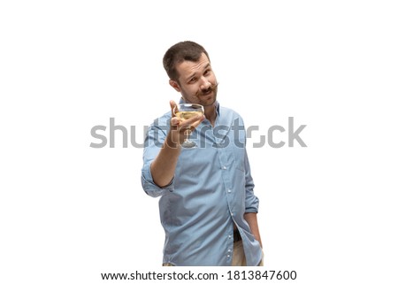 Man on white studio background, funny meme emotions Royalty-Free Stock Photo #1813847600
