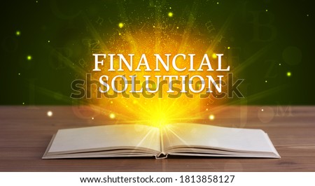 FINANCIAL SOLUTION inscription coming out from an open book, educational concept