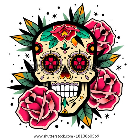 Mexican roses skull. Vector illustration. Dia de los muertos shugar colorful head.