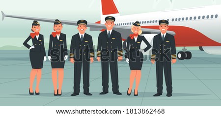 Airplane pilots, flight attendants, airline employees. The crew on the background of a passenger plane. Stewardesses and flight engineer, ship captain and co-pilot. Vector illustration in flat style Royalty-Free Stock Photo #1813862468
