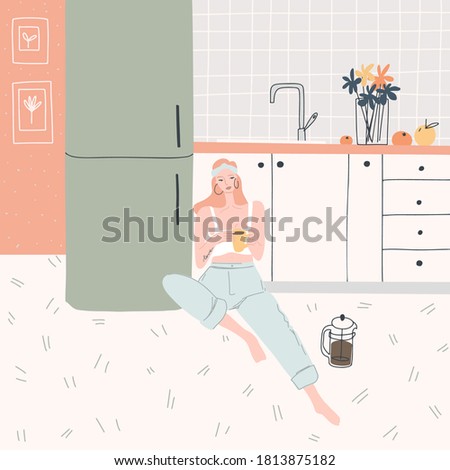 Woman sitting on the floor in the kitchen with cup of coffee. Cute interior around. Vector template for card, cover design or other users. Hand drawn illustration