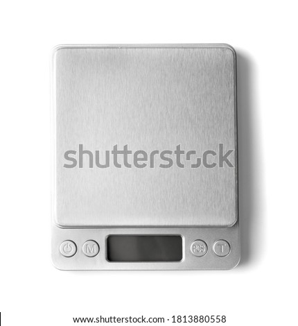 Small empty electronic jewelry scales isolated top view. Digital kitchen weight mockup, cooking scale with copy space Royalty-Free Stock Photo #1813880558