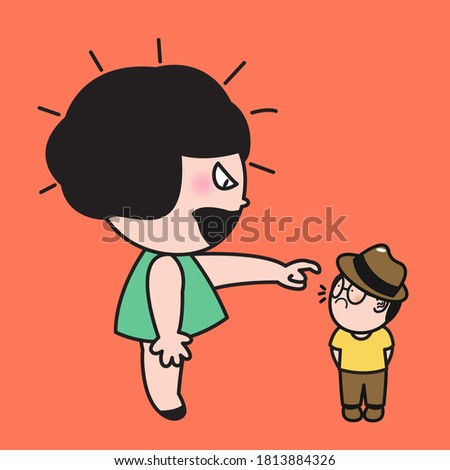 Grumpy Girl Pointing At Unhappy Miniature Size And Scale Boy Concept Card Character illustration
