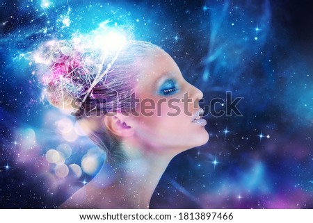 Woman beauty like a lady universe with stars and clouds