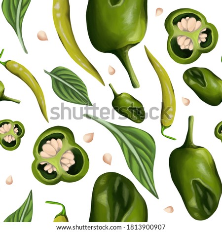 Seamless pattern of green, hot peppers on a white background. Peppers, leaves and seeds. Digital art, oil imitation. Raster, stock illustration