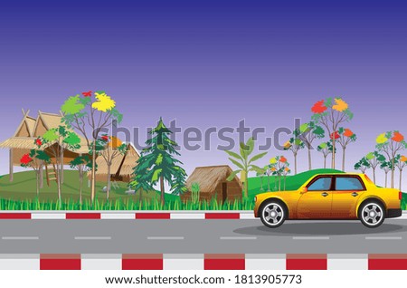 yellow car on the road at countryside vector design