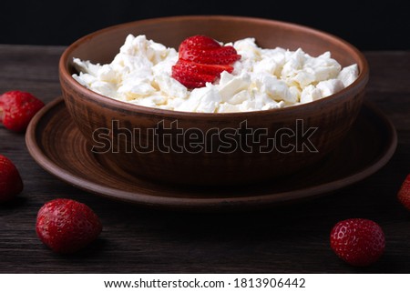 Cottage cheese with strawberries. Fresh ricotta cheese or farmer's cheese with berries. Ricotta, farmers cheese or tvorog. Healthy dairy product.