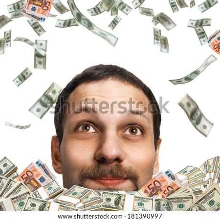 Money rain on head / head of a happy man with a mustache, surrounded by flying dollar bills - isolated on white background 