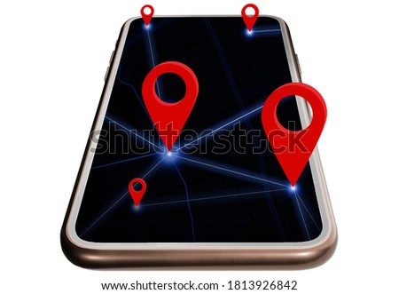 3d illustration, 3d isometric mobile phone, smartphone ready identified on map application. And the red pin set the coordinates Mobile gps map navigation concept with Clipping Path. For decoration.