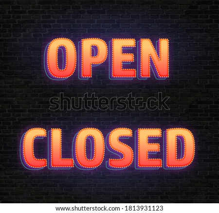 Open and closed. Bright poster, banner with light effect and festive.