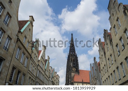 Prinzipalmarkt with Typical Gabled Houses and Tip of Lamberti Church in Münster, Germany