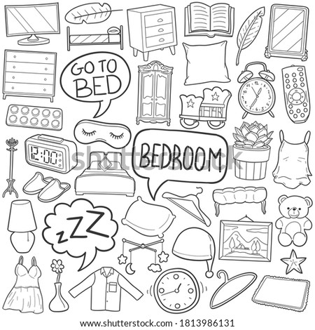 Bedroom doodle icon set. Home Room Vector illustration collection. Go to bed Hand drawn Line art style.