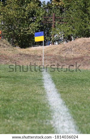 Limit lines of sports grass field for selective background. The limiting white line on green natural grass field abuts against corner signal flag