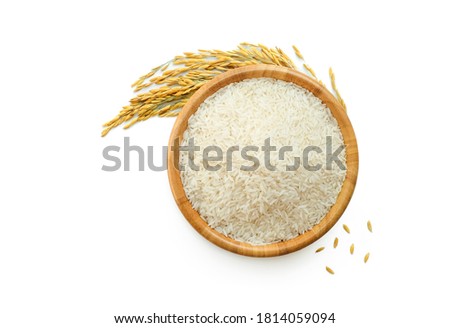 white rice in wooden bowl and paddy rice with rice ear isolated on a white background, top view, selective focus. Royalty-Free Stock Photo #1814059094