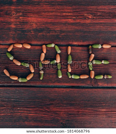 Sale inscription made of autumn acorns on a mahogany background. Discounts and sales, lettering on a wooden background. Advertising picture for seasonal discounts, creative concept for stores