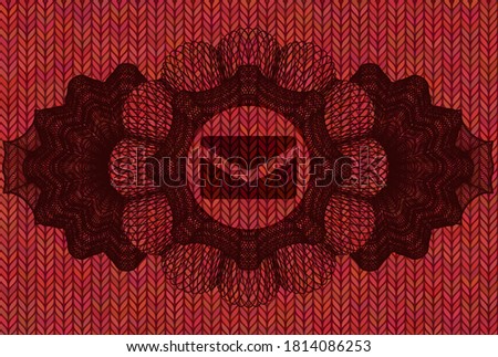 Linear decoration envelope icon inside Red wool emblem. Cloth fashionable background. Vector illustration. 