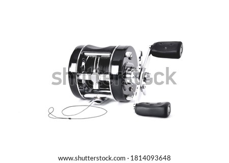 Black inertial reel cartoon with coiled cord isolate close-up multiplier