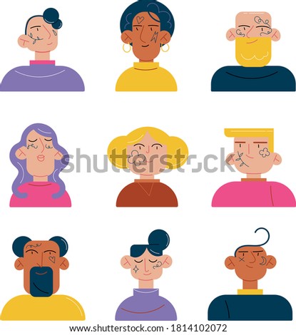Set of people of different ages and nationalities with face tattoo